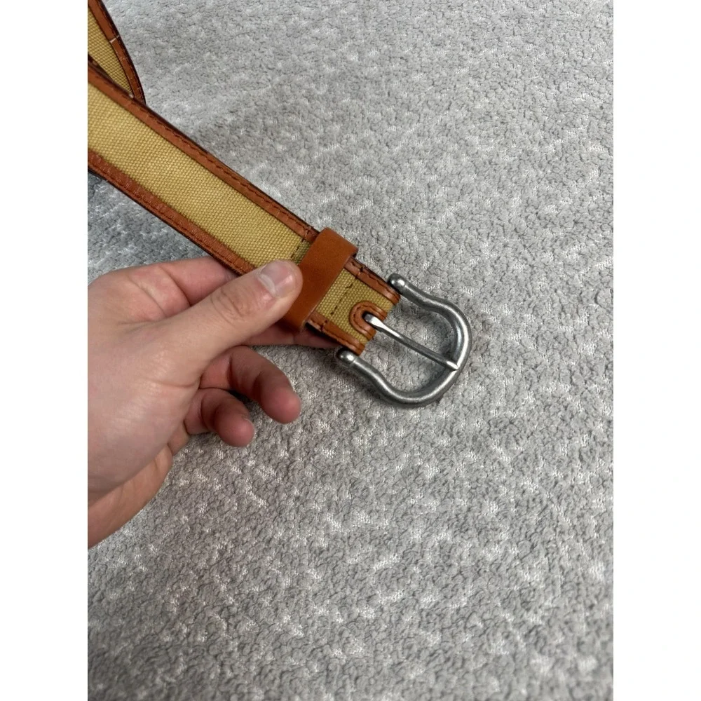 Neiman‎ Marcus Belt Mens 40 Beige Leather Webbed Military Buckle Adjustable
